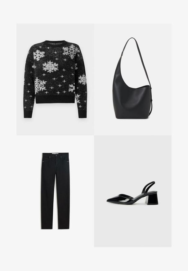 Zwarte trui met witte sneeuwvlok- en sterpatronen, gemaakt van een gestructureerde stof, ronde halslijn en geribbelde zoom en manchetten.; Zwarte denimbroek met een recht silhouet, vijf zakken, metalen knoopsluiting en subtiele stikdetails. Gladde textuur.; Zwarte gepatineerde leren slingback hakken met een spitse neus en een geometrische blokhak. Kenmerkt zich door een slank, minimalistisch ontwerp en een gladde textuur.; Zwarte leren hobo tas met een gladde textuur, kromme vorm en een enkele verstelbare schouderband; heeft een brede opening aan de bovenkant.