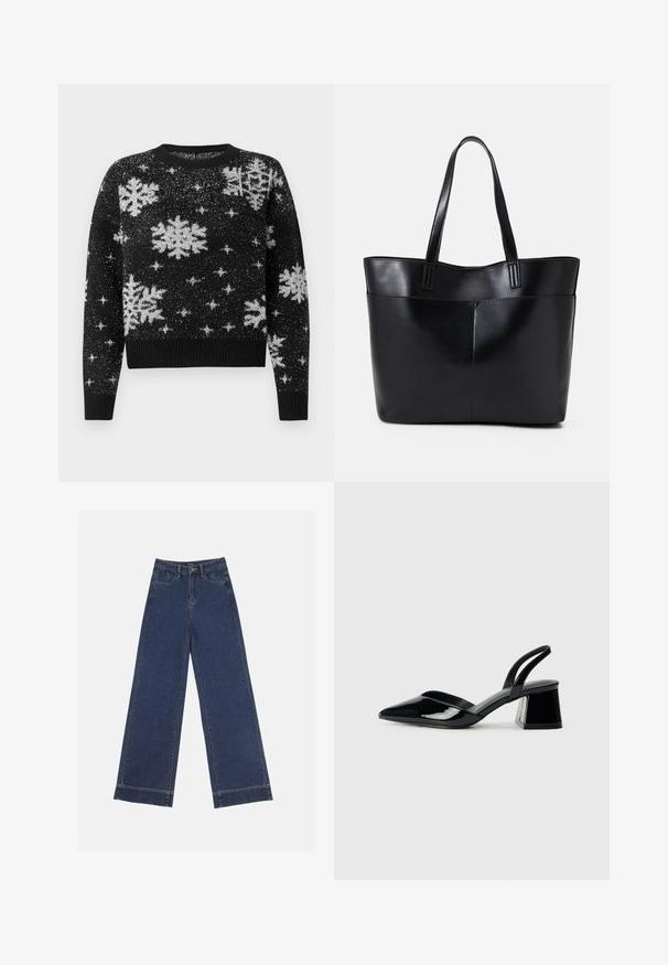 Pull noir avec des motifs de flocons de neige et d'étoiles blancs, fabriqué en tissu texturé, col rond, et ourlet et poignets côtelés.; Jeans à jambes larges en denim bleu foncé. Comprend cinq poches, des passants de ceinture et un ourlet brut en bas avec des détails de couture visibles.; Escarpins en cuir verni noir avec bout pointu et talon bloc géométrique. Présente un design élégant et minimaliste ainsi qu'une texture lisse.; Sac fourre-tout en cuir noir avec deux longues poignées, une texture lisse et une forme structurée. Dispose d'une poche avant pour un rangement supplémentaire.