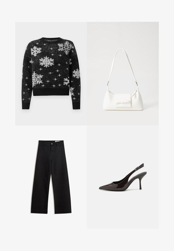 Czarny sweter z białymi wzorami w śnieżynki i gwiazdki, wykonany z fakturowanej tkaniny, okrągły dekolt oraz ściągacze przy hemie i mankietach.; Czarne dżinsowe spodnie o szerokich nogawkach i wysokim stanie, z przednimi i tylnymi kieszeniami, przeszyciami oraz zapięciem na guziki. Gładka struktura.; Sandały na obcasie typu slingback z błyszczącej ciemno-brązowej lakierowanej skóry, w szpic, z otwartymi bokami i regulowanym paskiem wokół kostki.; Biała syntetyczna torba o trójkątnym kształcie, płaskim przednim klapce i detalach w postaci kokardy, regulowanym pasku, gładkiej fakturze oraz minimalistycznym designie.