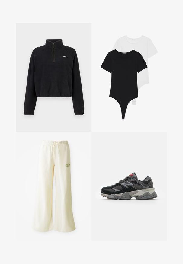 Czarny polarowy pulower z zamkiem błyskawicznym do jednej czwartej, elastycznymi mankietami i białym logo New Balance na klatce piersiowej.; Czarno-białe bodysuits z krótkim rękawem, okrągłymi dekoltami i majtkami typu thong, wykonane z gładkiego, elastycznego materiału.; Kremowe długie spodnie dresowe z elastycznym pasem i regulowanym sznurkiem. Haftowany zielony napis "Athletic" z przodu. Miękka tkanina.; Czarno-szare sneakersy z połączeniem materiałów zamszowych i siateczkowych, gruba podeszwa, wyraźne logo oraz czerwony akcent na języku.