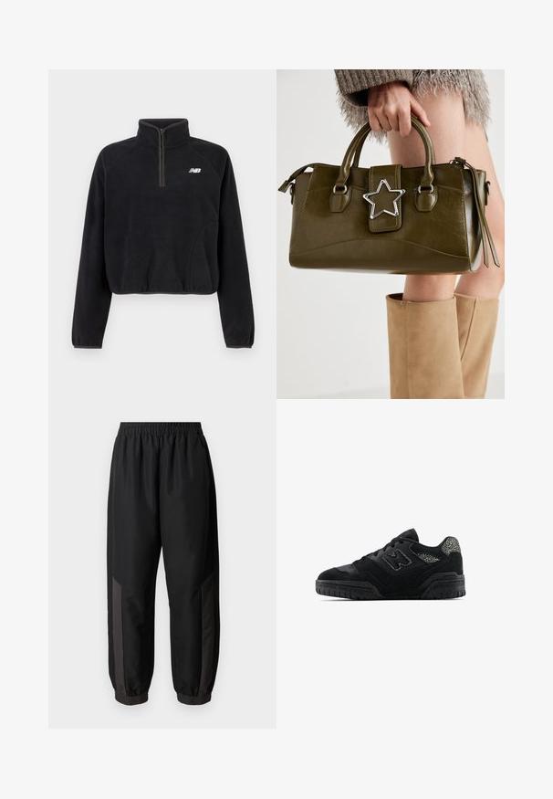 Schwarzer Fleece-Pullover mit Viertelreißverschluss, elastischen Bündchen und weißem New Balance-Logo auf der Brust.; Schwarze Sporthose aus glattem, leichtem Stoff. Mit elastischem Bund, enganliegenden Bündchen und dunkelgrauen seitlichen Einsätzen mit Logo.; Schwarze Low-Top-Sneaker mit strukturiertem Sohlen, Schnürdesign, Wildlederpaneelen und gemusterten Akzenten an der Ferse sowie am Seitenlogo.; Olivgrünes Kunstlederhandtasche mit silbernem Sternakzent, doppelten Griffen und einem Reißverschluss. Strukturierten Form und texturierten Oberfläche.