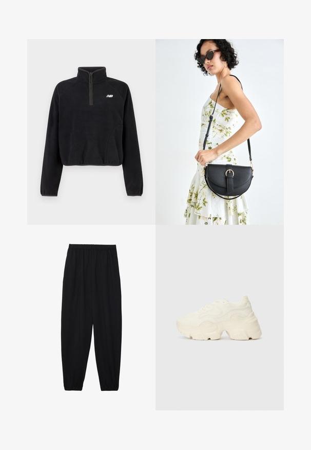 Black fleece pullover with quarter zip, elastic cuffs, and white New Balance logo on the chest.; Black, lightweight pants with an elastic waistband and gathered ankles. The fabric is smooth and features a relaxed, tapered design.; Chunky white sneakers made of textured mesh and synthetic materials, featuring a thick sole and intricate pattern details along the sides.; Black leather handbag with a curved shape, detachable strap, and gold hardware. The bag features a flap with a buckle detail.