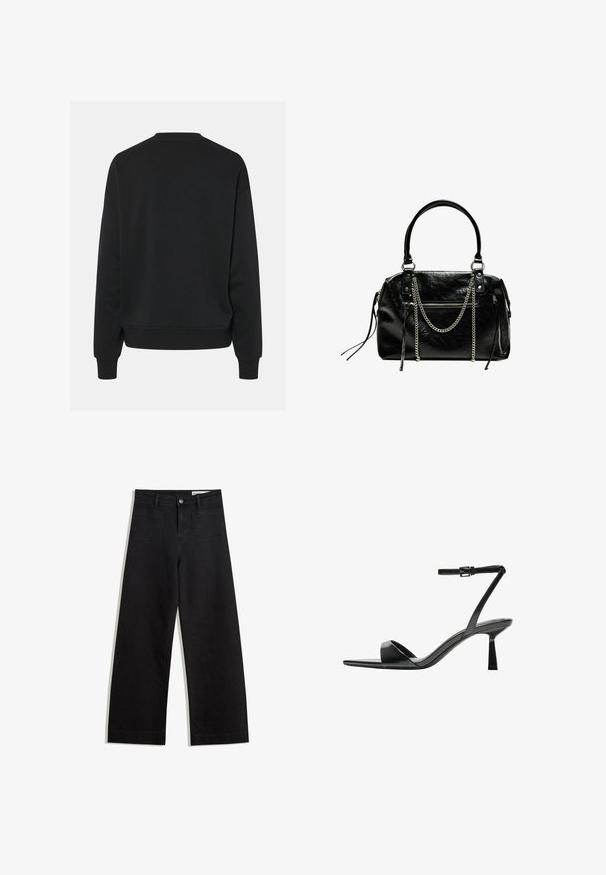Fekete pulóver kerek nyakkal és hosszú ujjakkal, laza fazonnal és bordás mandzsettával. Sima szövettextúra, látható minták nélkül.; Fekete, bő szabású farmernadrág magas derékkal, elülső és hátsó zsebekkel, varrott felületekkel és gombos záródással. Sima textúra.; Bershka Magas sarkú szandálok - black; Bershka WITH CHAIN - Kézitáska - black
