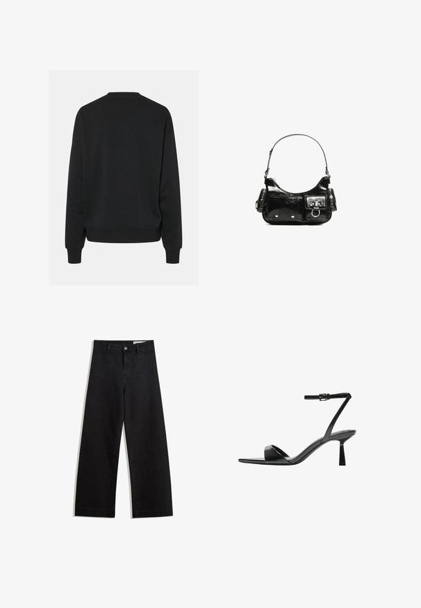 Čierna mikina s okrúhlym výstrihom a dlhými rukávmi, s voľným strihom a rebrovanými manžetami. Hladká textúra látky, bez viditeľných vzorov.; Čierne denimové nohavice s širokými nohavicami a vysokým pásom, so prednými a zadnými vreckami, šitými švami a zapínaním na gombík. Hladká textúra.; Bershka Sandále na vysokom opätku - black; Čierna laková kožená kabelka s ohnutým tvarom, jedným ramenným popruhom, prednými vreckami a striebornými kovovými doplnkami.
