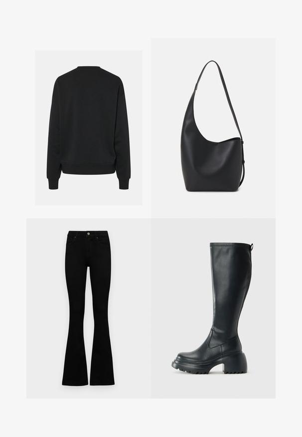 Fekete pulóver kerek nyakkal és hosszú ujjakkal, laza fazonnal és bordás mandzsettával. Sima szövettextúra, látható minták nélkül.; Fekete, magas derekú farmernadrág gomb- és cipzárzárral, elülső zsebekkel és harangszárral, laposan egy fehér háttérre terítve.; Magas fekete bőrcipő, vastag platform talppal és blokk sarokkal, húzófüllel és texturált profillal az outsole-on.; Fekete bőr hobo táska sima textúrával, ívelt formával és egyetlen állítható pánttal; széles nyílás található a tetején.