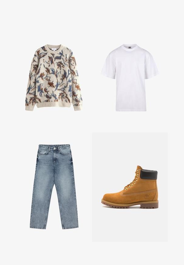 Kreminės spalvos megztinis su abstrakčiu gėlių raštu mėlyna ir rudos spalvos, su ibrizuotu apykakle ir ilgomis rankovėmis. Minkšta tekstūra.; Balta medvilnės marškinėliai su apvaliu iškirpimu, trumpomis rankovėmis ir laisvu siluetu. Turi paprastą dizainą be raštų ar akcentų.; Šviesiai mėlynos džinsinės kelnės su tiesiu kelnės siluetu, matomomis siūlėmis, penkių kišenių dizainu ir mygtuko uždarymu juosmens srityje.; Tan spalvą turintys suknelės batus iki kulkšnies su juodu paminkštintu apvadu, auksiniais metaliniais akių užsegimais, baltais siūlų dekoratyviniais elementais ir tvirtu guminiu padu su ryškiai išreikštais raštais.