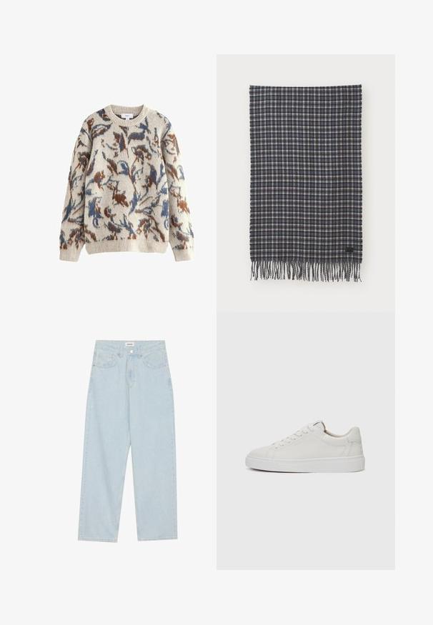 Maglione color crema con un motivo floreale astratto in blu e marrone, dotato di collo a girocollo a coste e maniche lunghe. Texture morbida.; Jeans azzurri a gamba larga in denim, con vita media, cinque tasche e chiusura con bottone accompagnata da un sottile accento metallico.; Sneakers bianchi in pelle, modello low-top, con punta rotonda, suola piatta in gomma bianca e dettagli di cucitura minimalista. Lacci fissati attraverso sei occhielli.; Sciarpa in lana intrecciata in plaid blu scuro e crema, con bordo frangiato e un piccolo etichetta nera come dettaglio. Texture morbida con forma rettangolare.