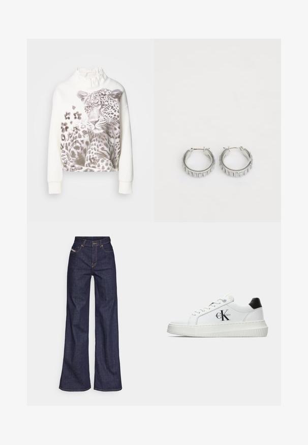 Hvid sweatshirt med en rynket krave, der har et leopardgrafik i nuancer af grå og mønstrede detaljer foran. Lange ærmer.; Mørkeblå bredbenede jeans i denimstof med høj talje, prydet med orange stikninger, fem-lomme design og knaplukning.; Hvide lavtoppede sneakers med sort hælkænke, platformssål, snørebånd og Calvin Klein "CK" logo på siden.; Sølv hoop øreringe med et struktureret design, der har lodrette riller. Cirkelformede med en sikker lås. Glat finish.