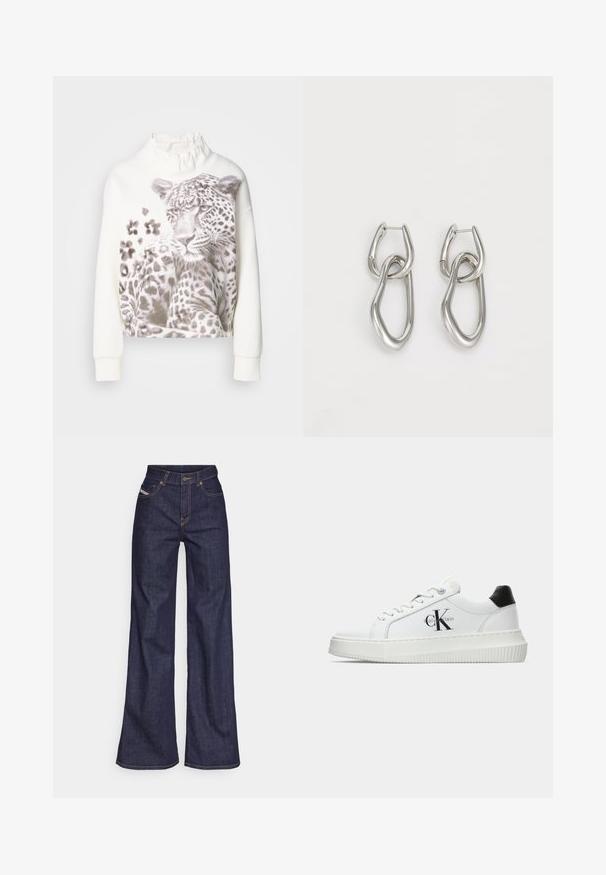Hvid sweatshirt med en rynket krave, der har et leopardgrafik i nuancer af grå og mønstrede detaljer foran. Lange ærmer.; Mørkeblå bredbenede jeans i denimstof med høj talje, prydet med orange stikninger, fem-lomme design og knaplukning.; Hvide lavtoppede sneakers med sort hælkænke, platformssål, snørebånd og Calvin Klein "CK" logo på siden.; Calvin Klein STATEMENT LINKS - Øreringe - silver-coloured