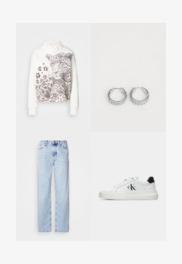 Weißes Sweatshirt mit einem Rüschenausschnitt, das ein Leopardenmotiv in Grautönen und gemusterten Details auf der Vorderseite zeigt. Lange Ärmel.; Helle blaue Schlagjeans aus Denim, mit hoher Taille, verblasster Waschung und dezentem Batikmuster an der Vorderseite.; Weiße Low-Top-Sneaker mit schwarzem Fersenpatch, Plateau-Sohle, Schnürsenkeln und Calvin Klein "CK"-Logo an der Seite.; Silberne Creolen mit texturiertem Design und vertikalen Rillen. Kreisförmige Form mit sicherem Verschluss. Glatte Oberfläche.