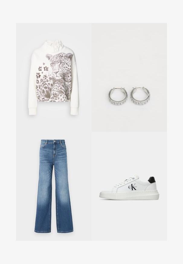 Felpa bianca con colletto a volant, caratterizzata da una grafica di una felino in tonalità di grigio e dettagli stampati sul fronte. Maniche lunghe.; Jeans in denim azzurro chiaro a gamba larga con vita alta, dotati di cinque tasche, passanti per cintura e una leggera sfumatura verso l'orlo.; Sneaker bassa bianca con tassello nero sul tallone, suola a piattaforma, lacci e logo "CK" di Calvin Klein sul lato.; Orecchini a cerchio in argento con un design testurizzato caratterizzato da scanalature verticali. Forma circolare con una chiusura a scatto sicura. Finitura liscia.
