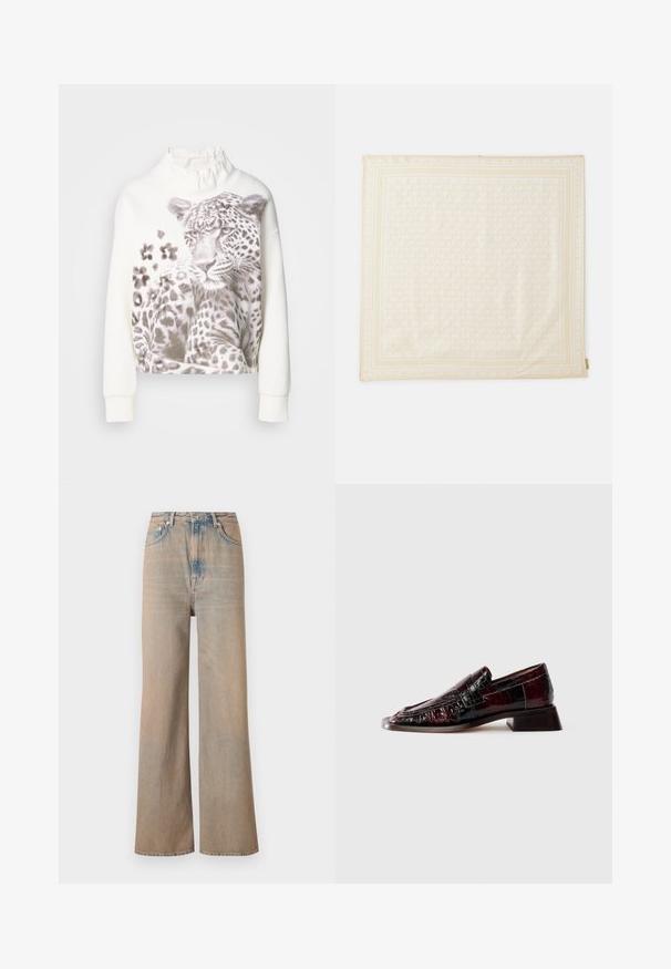Fehér pulóver fodros gallérral, szürke árnyalatú leopárd grafikával és mintás részletekkel az elején. Hosszú ujjak.; Fényes mosású, magas derekú, bő szárú farmernadrág. Finom varrásokkal és öt zsebbel rendelkezik, enyhén elhalványult textúrával.; Sötét bordó lakkbőr loafer, texturált felülettel, alacsony tömbsarkú, klasszikus pénztárca részlettel, oldalnézetből.; Beige sál, amelyen ismétlődő MK monogram minta található. Az éleken dekoratív szegély van. Puha anyag, sima textúrával.