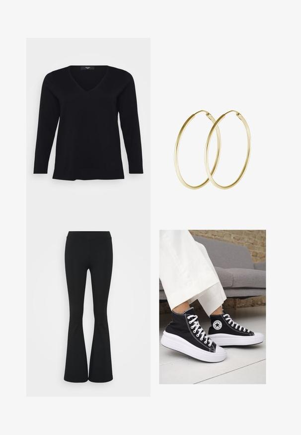 Schwarzer V-Ausschnitt-Pullover aus weichem Strickmaterial. Lange Ärmel mit geradem Saum, ohne Muster oder Verzierungen.; Schwarze, ausgestellte Hosen aus dehnbarem Material mit hohem Bund und glatter Textur. Die Hose weitet sich ab dem Knie.; Schwarze Canvas-Hochtop-Sneakers mit weißen Gummisohlen und Schnürsenkeln. Mit einem runden Logo an der Seite und kontrastierendem weißen Nähten.; Goldene Creolen mit einem glatten, abgerundeten Design und einem glänzenden Finish. Leichte Bauweise mit einem sicheren Verschluss.