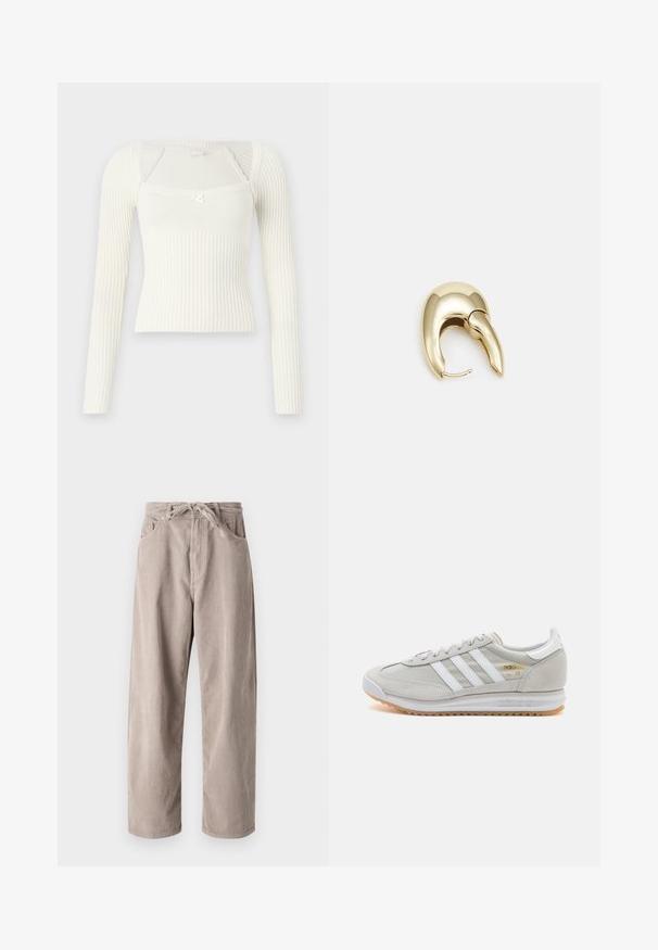 Ribadega pikkade varrukatega varsakas heleses toonides. Omab jalgu sobivat disaini, ümmargust kaelust ja väikest, lipsulaadset aksenti rinnas.; Beige kammkootud püksid, millel on mugav lõige, paelaga vöökoht, kaks eesmist taskut ja vertikaalne soonik tekstuur.; Heled hallid tossud, mis on valmistatud nubukist ja võrgust, millel on kolm valget triipu, ümmargune varvas ja kummist tald. Kuldne logoelement paelte lähedal.; Kuldtooni metallist kõrvarõngas, millel on elegantne ja kaarjas disain. Omab silmapaistvat teravat kuju, poleeritud pinda ja hingesulgemist.