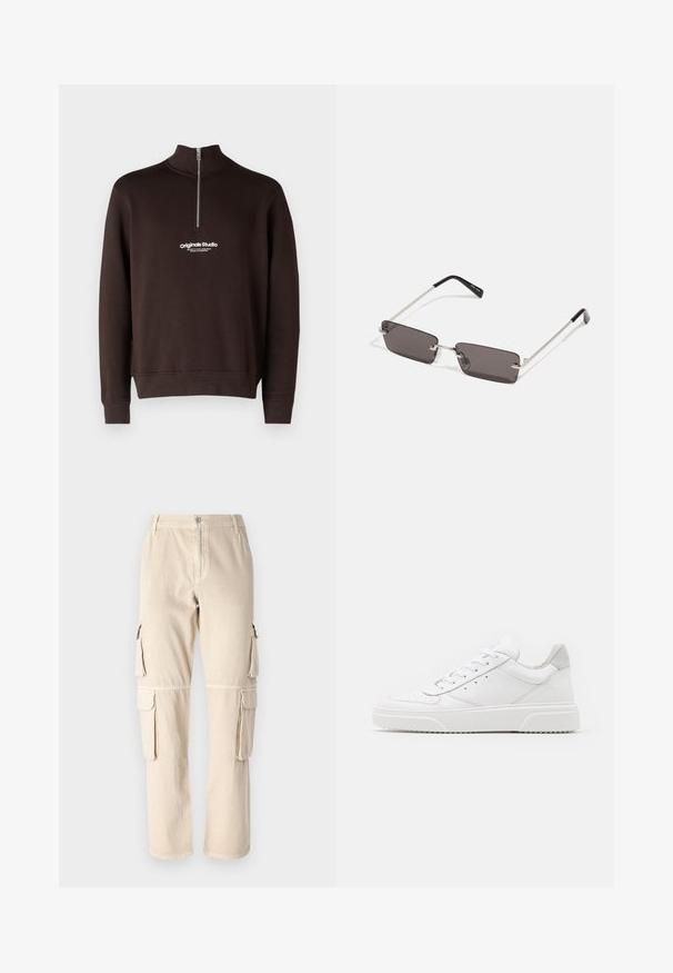 Ruskea huppari, jossa on korkea kaulus ja puolivetoketju. Rinnassa valkoinen "originals Studio" -logo; joustavat hihansuut ja helma.; Beige cargo-housut, jotka on valmistettu puuvillasta. Ominaisuuksiin kuuluu sivutaskut, suora lahkeiden muotoilu ja nappikiinnitys vyötäröllä. Yksinkertaiset ompeluyksityiskohdat.; Valkoiset nahkakengät, joissa on sileä pinta, pyöreä kärki, litteät nauhat ja teksturoitu pohja. Harmaa mokkanahka korostaa kantapäätä.; Aurinkolasit, joissa on suorakulmaiset, tummanharmaat linssit, hopeiset metallikehykset ja mustat muoviset päät. Kevyt muotoilu nenätyynyillä.