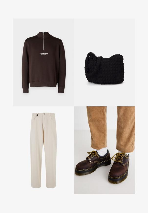 Brun genser med høy krage og halvlukking. Har en hvit logo "originals Studio" på brystet; ribbede mansjetter og kant.; Beige bomullsbukser med rett ben-design, med frontlommer og knappelukking. Glatt tekstur med minimal detaljering.; Brune lærstøvler med gul syning, rund tå, tyk platformsål og kontrasterende sorte detaljer. Bæres med hvide sokker og fløjlsbukser.; Svarte tekstilveske med en strukturert, quiltet mønster. Rund form, korte, tykke håndtak og en myk, fleksibel struktur.
