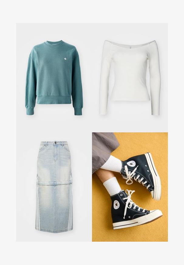 Sweatshirt de gola redonda em verde-água, com punhos e bainha canelados, corte solto e um pequeno logotipo branco no lado esquerdo do peito. Material de algodão macio.; Blusa branca de manga longa, com decote off-the-shoulder, feita de material canelado. Design ajustado com uma textura suave e bainha reta.; Saia midi de ganga em azul claro, com riscas laterais, uma cintura ajustada e bolsos frontais. A textura desgastada adiciona detalhe.; Ténis de cano alto em lona pretos com atacadores brancos e solas de borracha, apresentando um logotipo redondo da Converse All Star no lado externo.