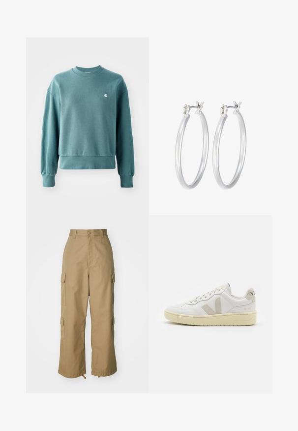 Teal värvi ümar kaelusega särk, millel on soonikkoes varrukate ja allääre lõiked, laiem lõige ning väike valge logo vasakul rinnal. Pehme puuvillane materjal.; Beezid kargo püksid kõrge vöökohaga, laiad jalad ja neli suurt külgtaskut. Valmistatud vastupidavast kangast, millel on sile tekstuur ja minimaalne detail.; Valge nahast tenniseking, millel on beežist siidist aktsent ja aukudega varvas, lame paelad ja tekstureeritud koorevärvi tallad. Omab nüansirikast brändimist kannal.; Hõbedased rõngaskõrvarõngad, millel on sile, läikiv viimistlus. Ümmargune kuju ja turvaline klõpsulatus. Kerge disain, sobib igapäevaseks kandmiseks.