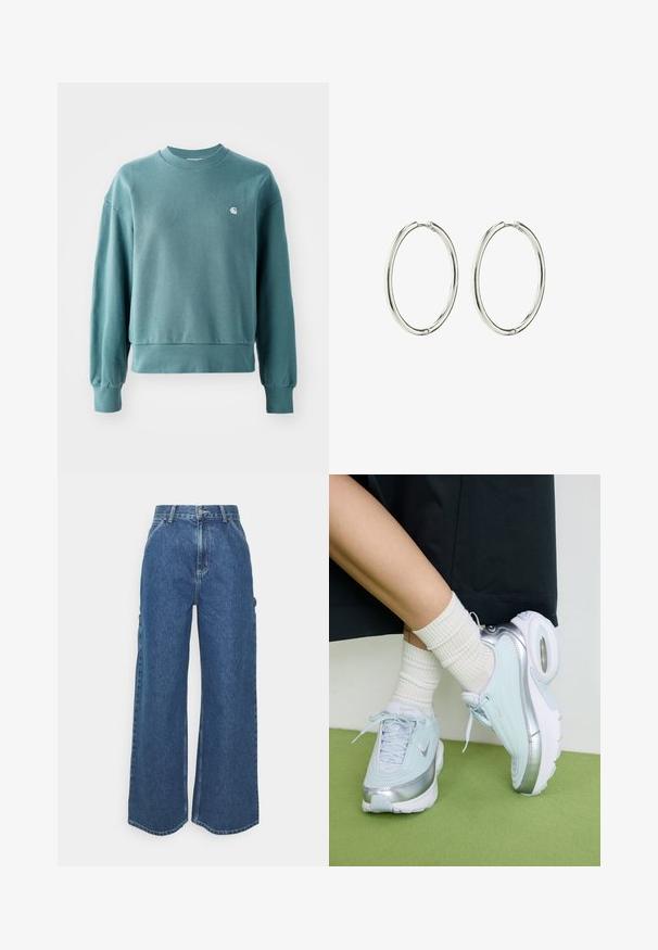 Teal värvi ümar kaelusega särk, millel on soonikkoes varrukate ja allääre lõiked, laiem lõige ning väike valge logo vasakul rinnal. Pehme puuvillane materjal.; Laiene jalad sinised denim püksid kõrge vöökohaga, kontrastsete õmblustega ja küljetaskutega, klassikalise viie taskuga disainiga ja toore servaga.; Heled sinine tennis, millel on hõbedased detailid, tekstureeritud ülemine osa, pehme põhi ja nähtav õhukamber. Kombineeritud valgete ribadega sokkidega.; Hõbedased rõngaskõrvarõngad, millel on sile ja poleeritud viimistlus. Ümmargune kuju, kerge disain, millel on turvaline sulgemismehhanism.