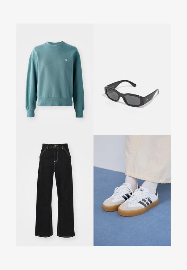 Teal värvi ümar kaelusega särk, millel on soonikkoes varrukate ja allääre lõiked, laiem lõige ning väike valge logo vasakul rinnal. Pehme puuvillane materjal.; Mustmustest mustadest denimist, millel on kontrastsed valged õmblused ja esine nupp, kahe nurga all asuva esipocketiga.; Valged tossud mustade triipudega ja beeži nahaga aktsentidega. Omavad tekstuuriga kummist talla ja lamedaid valgeid paelu, kantud heledate sokkidega.; Must musta saarnaste prillide mustad raamid tumedate läätsedega. Paks plastikraam sileda viimistlusega, millel on külgedel peen bränding.