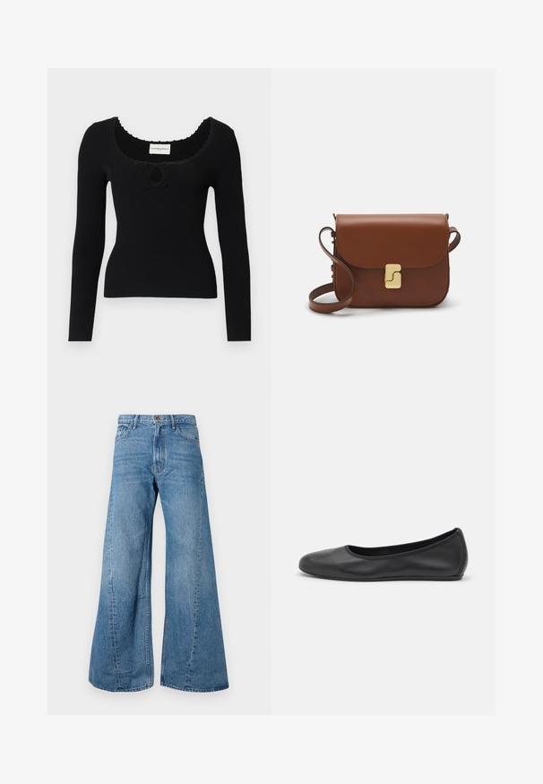 Mustassa pitkähihaisessa ribbineule paidassa on avonainen kaula-aukko ja keskeinen avainaukko-yksityiskohta. Kankaan tekstuuri on hienostunut ja kaula-aukon reunassa on aaltojainen viimeistely.; Valkoinen lyhythihainen t-paita, joka on valmistettu ribbytedusta kankaasta. Pyöreä pääntiie, normaali istuvuus ja hienovaraiset ompeluyksityiskohdat. Ei kuvioita tai grafiikkaa.; Siniset leveälahkeiset farkut korkealla vyötäröllä, joissa on klassinen viiden taskun tyyli ja kevyttä haalistumista tekstuurin luomiseksi.; Musta nahkainen ballerina, jossa on pyöristetty kärki, sileä pinta, minimaalinen ommelkoristelu ja joustava pohjamuotoilu.; Ruskea nahkainen käsilaukku, jossa on läppäkiinnitys, kultasävyiset yksityiskohdat, olkahihna ja sileä pinta. Kompaktin suorakaiteen muotoinen.