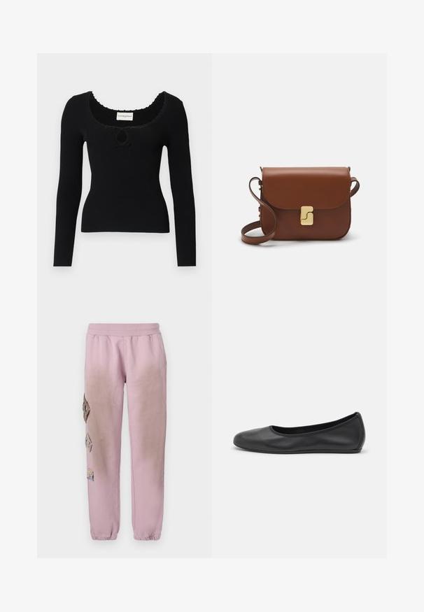 Černý dlouhý rukáv žebrovaný svetr s výstřihem ve tvaru lodi a centrálním klíčovým otvorem. Texturovaná tkanina s vlnkovanými okraji kolem výstřihu.; Bílá tričko s krátkým rukávem vyrobené z žebrované tkaniny. Kulatý výstřih, normální střih a jemné detaily šití. Bez vzorů nebo grafik.; Růžové tepláky s elastickým pasem, které mají dekorativní nášivky ve tvaru diamantů na levé straně a elastické manžety u kotníků.; Černé kožené baletní byty s kulatou špičkou, hladkou texturou, minimálními švy a flexibilním designem podrážky.; Hnědá kožená kabelka s klopou, zlatými kovovými detaily, ramenním popruhem a hladkým povrchem. Kompaktní obdélníkový tvar.