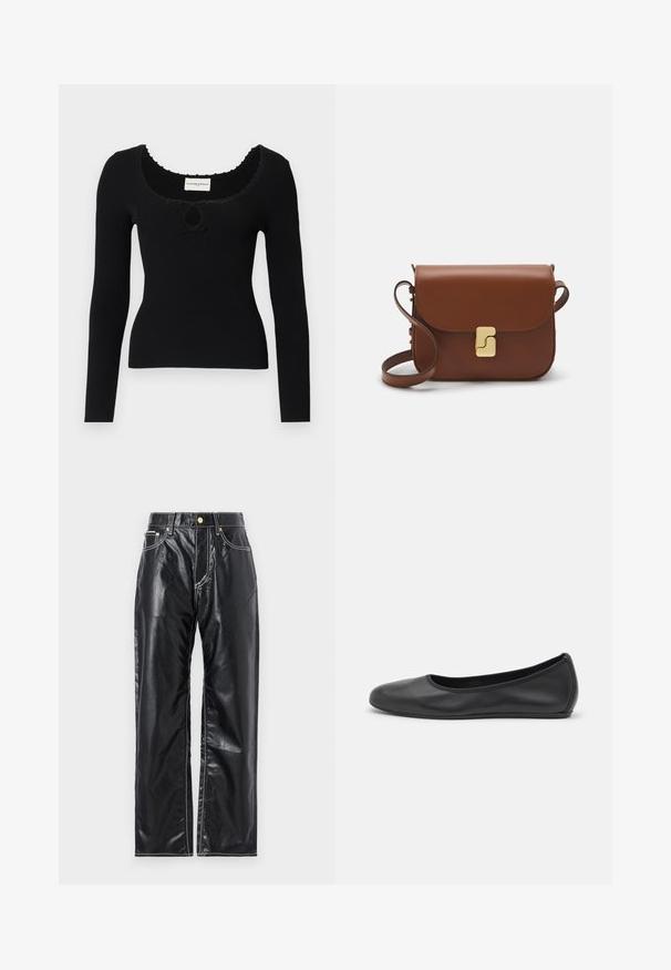 Crna dugačka majica s dugim rukavima, rebrastog uzorka, s izrezom u obliku žlice i središnjim detaljem u obliku ključa. Teksturirana tkanina s valovitim rubovima oko izreza.; Bijela majica s kratkim rukavima izrađena od rebraste tkanine. Okrugli izrez, klasičan kroj i suptilni detalji šivanja. Bez uzoraka ili grafika.; Crne hlače od umjetne kože sa širokim nogavicama, s bijelim šavovima, prednjim džepovima i zlatnim gumbom na pojasu.; Crne kožne baletanke s zaobljenim vrhom, glatke teksture, minimalnim detaljima šavova i fleksibilnim dizajnom potplata.; Smeđa kožna torba s preklopom, zlatnim detaljima, remenom za nošenje preko ramena i glatkom teksturom. Kompaktni pravokutni oblik.