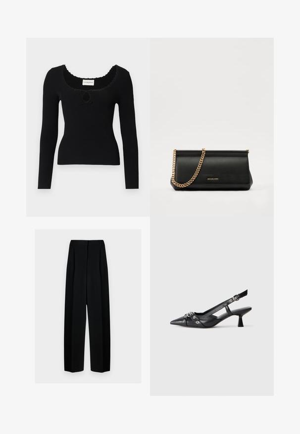 Črni dolgi rokavi rebrasti pulover z okroglo izrezom in osrednjim detajlom ključavnice. Teksturovana tkanina z valovitimi robovi okoli izreza.; Črne široke hlače z visokim pasom, ki vključujejo naborke in gladko teksturo. Tkanina se zdi lahka in elegantno pada.; Črne usnjene sandale središnje zaponke z ostro konico, okrasnimi trakovi z kovinskimi očesi in nizko blokasto peto. Teksturirana površina.; Črna usnjena torbica z zlatim verižnim trakom, z gladko teksturo, pravokotno obliko in embosiranim logotipom spredaj.