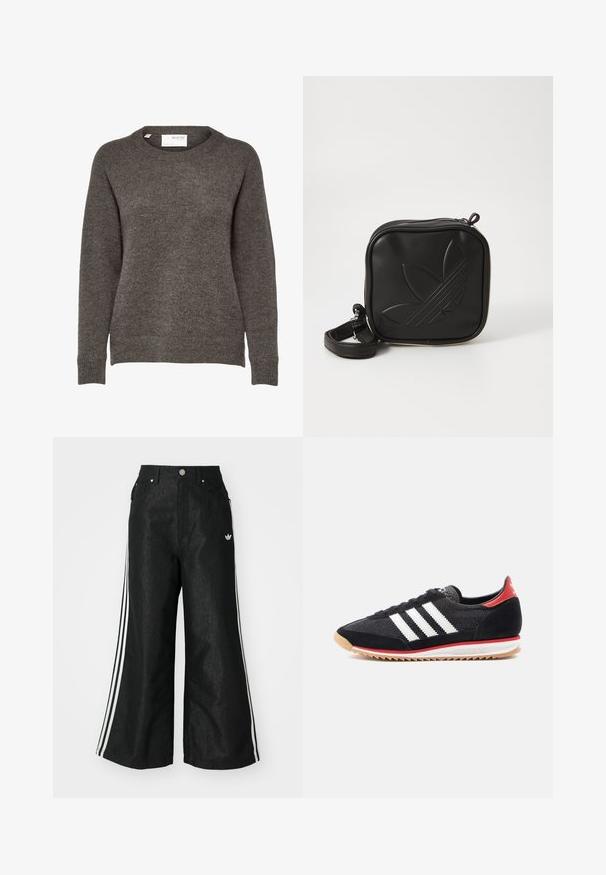 Grijze gebreide trui met een ronde hals, lange mouwen en een zachte textuur. Geen opvallende patronen of hardwaredetails zichtbaar.; Zwarte denim broek met wijde pijpen, voorzien van drie witte strepen aan elke zijkant en een klein wit logo. Heeft voorzakken en een knoopsluiting.; Zwarte sportschoen met witte strepen, suède accenten en een rood hielstuk. Mesh textuur en rubberen zool met een lichtbruine profiel.; Zwarte vierkante crossbody tas van gestructureerd synthetisch materiaal. Met een reliëflogo ontwerp en een verstelbare schouderband. Ritssluiting.