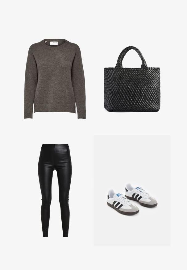 Pilkos megztos džemperis su apvaliu kaklu, ilgomis rankovėmis ir švelnia tekstūra. Matomi ryškūs raštai ar metaliniai detalės.; Juodos dirbtinės odos leginsai su aukštu liemeniu, priglundančio dizaino, lygios tekstūros ir be matomų siūlių ar papuošimų.; Sportiniai batai su balta odine viršutine dalimi, pilku zomšiniu priekiu ir trimis juodomis juostelėmis. Ant liežuvio yra mėlynas logotipas, o padas pagamintas iš tekstūruoto gumos.; Juoda austa rankinė su dviem rankenomis, turinti tekstūruotą paviršių ir stačiakampio formą. Paprastas, unikalus dizainas be matomų detalių.