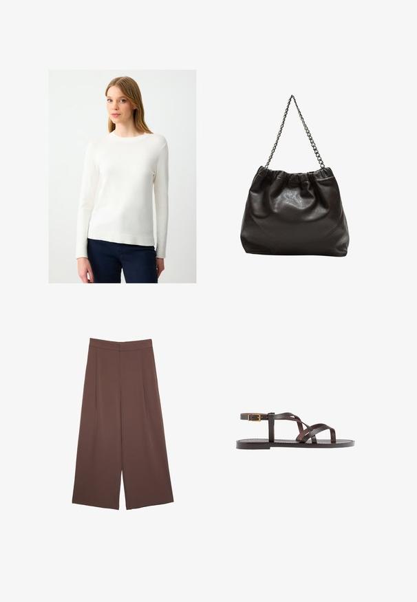 Biały sweter z długim rękawem i okrągłym dekoltem, z ribbrowym wykończeniem, charakteryzujący się gładką teksturą i dopasowanym krojem.; Brązowe spodnie o szerokich nogawkach z gładką fakturą, z wysokim stanem i plisami z przodu. Materiał jest lekki i luźno opada.; Brązowe skórzane sandały z krzyżującymi się paskami, zapięciem na klamrę przy kostce oraz płaską podeszwą z minimalnymi detalami szycia.; Brązowa skórzana torba z marszczonym szczytem i łańcuszkowym paskiem. Gładka tekstura z błyszczącym wykończeniem i subtelnymi detalami szwów po bokach.