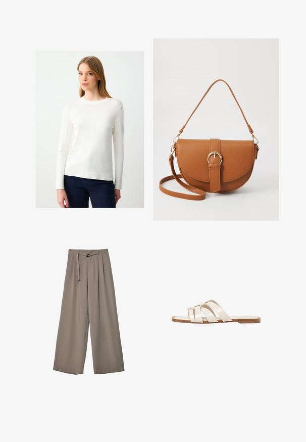 Maglione bianco a maniche lunghe con scollatura rotonda e polsini a costina, caratterizzato da una superficie liscia e una silhouette aderente.; Pantaloni a gamba larga in un morbido tessuto grigio tenue, con vita con cintura e pieghe per un tocco di design aggiuntivo. Texture liscia, senza motivi.; Infradito con suola in gomma color talpa, progettate con tre cinturini in pelle bianca sovrapposti e un piccolo dettaglio a fiocco al centro.; Borsa a tracolla in pelle marrone con forma curvata, hardware dorato e un dettaglio con fibbia. Presenta una tracolla rimovibile.