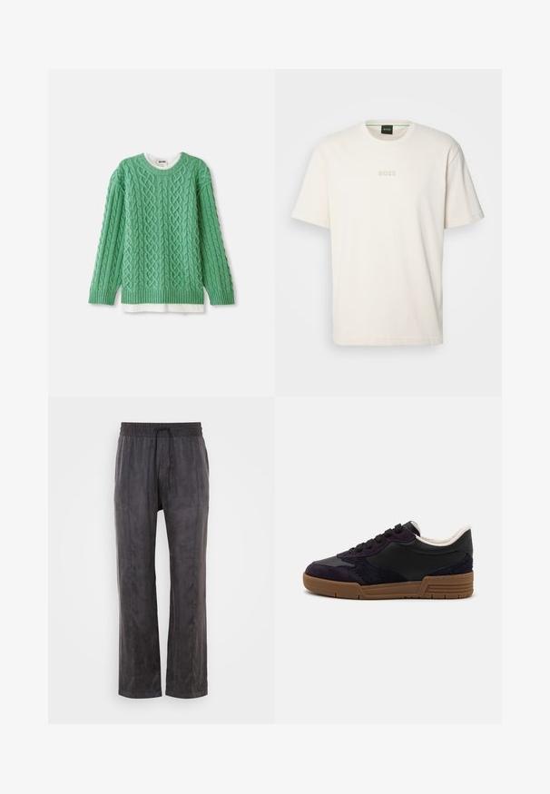 Suéter verde de punto con un diseño de trenzas, que presenta un cuello redondo y puños acanalados. Viene superpuesto a una camisa blanca.; BOSS TEE - Camiseta básica - open white; Pantalones negros hechos de una tela suave con una textura lisa, que cuentan con una cintura elástica y cordón, piernas anchas y costuras laterales.; Zapatilla oscura morada con paneles de cuero y gamuza, diseño de punta redonda, cordones negros y suela de goma marrón. Variaciones de textura en los laterales.