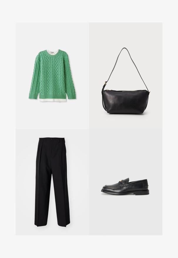 Zelený pletený svetr s kabelovým vzorem, s kulatým výstřihem a ribkovanými manžetami. Je vrstvený přes bílou košili.; Černé skládací kalhoty s rovnými, širokými nohavicemi. Vyrobené z hladké tkaniny, se zapínáním na knoflík a poutky na opasek.; Černé kožené loafers mají zaoblenou špičku, šité detaily a malý zlatý akcent na přední straně. Podešev je plochá a nenápadná.; Černá kožená taška na rameno s jedním dlouhým nastavitelným popruhem a zlatým zipem na vrchu, vystavená na jednoduchém pozadí.