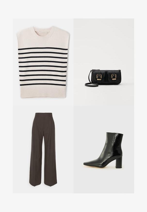 Vanessa Bruno CASSANDRA - Pullover - ecru/marine; Pantalons larges marron foncé à taille haute, avec des plis soigneusement marqués, une texture lisse et une coupe ajustée.; Bottines noires en cuir brillant avec un nez pointu et un talon large et carré. Présente une texture lisse et un design minimaliste.; Sac en cuir noir porté en travers avec deux poches avant, boucles dorées, fermeture zippée et une sangle fine. Surface texturée et forme rectangulaire compacte.