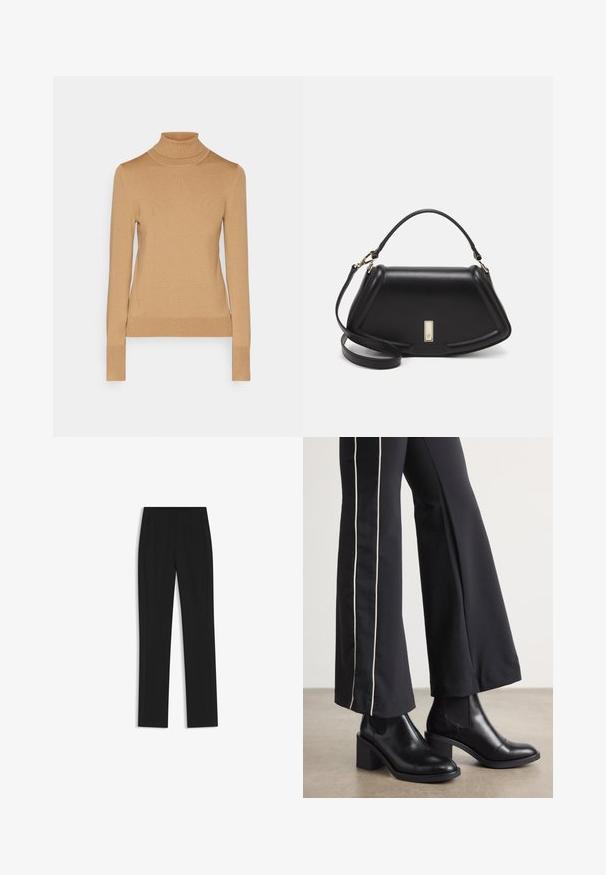 Kamelfärgad turtleneck-pullov av stickad tyg, med långa ärmar, figurnära passform och ribbade mudd och krage för en smidig textur.; Svarta skräddarsydda byxor med rak bendesign, som har framfickor och ett slätt, strukturerat tyg. Prydlig, minimal detaljer.; Svarta läderankelboots med klack, med elastiska sidopaneler. I kombination med svarta byxor som har en vit sidostrip.; Svart läderhandväska med en strukturerad design, som har en avskuren form, ett handtag upptill och guldiga detaljer. Justerbar axelrem ingår.