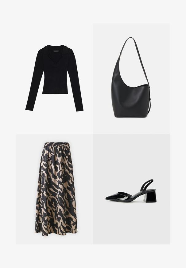 Schwarzes geripptes Langarmoberteil mit einem kragenbesetzten Ausschnitt, aus dehnbarem Stoff gefertigt, mit enganliegender Silhouette und subtiler Textur.; Schwarzer und beiger langer Rock mit elastischem Bund, der ein abstraktes Tiermuster und eine fließende Silhouette aufweist.; Schwarze Lackleder-Slingback-High Heels mit spitzem Schuh und einem geometrischen Blockabsatz. Verfügt über ein schlankes, minimalistisches Design und eine glatte Textur.; Schwarze Leder-Hobo-Tasche mit einer glatten Textur, geschwungener Form und einem einzelnen verstellbaren Tragegurt; verfügt über eine weite Öffnung am oberen Ende.