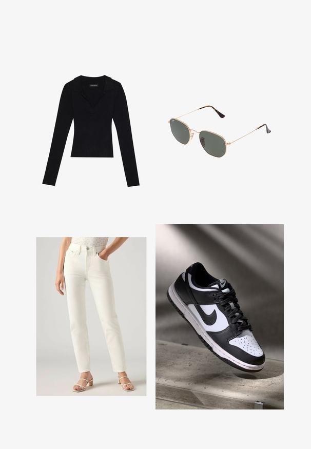 Top lungo a maniche nere a coste con colletto, realizzato in tessuto elasticizzato, caratterizzato da una silhouette aderente e una leggera texture.; Jeans bianchi a vita alta con taglio dritto, dotati di tasche anteriori, chiusura a bottone e texture in denim liscia. Indossati con sandali leggeri.; Sneaker Nike Dunk Low in bianco e nero con tomaia in pelle, punta perforata e lacci neri, caratterizzata da una suola bianca e dettagli del logo.; Occhiali da sole con montatura in metallo dorato e lenti verde scuro, stile aviator, con aste sottili e dettagli in tartaruga sulle punte.; Borsa a tracolla in pelle nera con manici intrecciati, tasca con zip e nappine pendenti. Superficie texturizzata con borchie metalliche e dettagli in metallo.