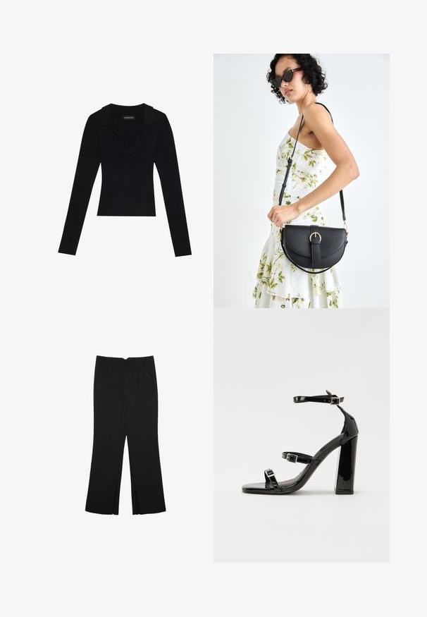 Črna rebrasta majica z dolgimi rokavi in ovratnikom, izdelana iz elastičnega materiala, s prilegljivo silhueto in rahlo teksturo.; Črne hlače ravnega kroja z naglavnimi žepi in stranskimi razporki na robu. Narejene iz mehke, gladke tkanine. Primerne za različne priložnosti.; Črne lakirane sandale s peto, kvadratnim prstom, trakovi okrog gležnja in srebrnimi zaponkami. Opremljene so s stabilno Debelo peto.; Črna usnjena torbica s ukrivljeno obliko, z odstranljivo naramnico in zlatimi dodatki. Torbica ima pokrov s podrobnostmi v obliki zaponke.