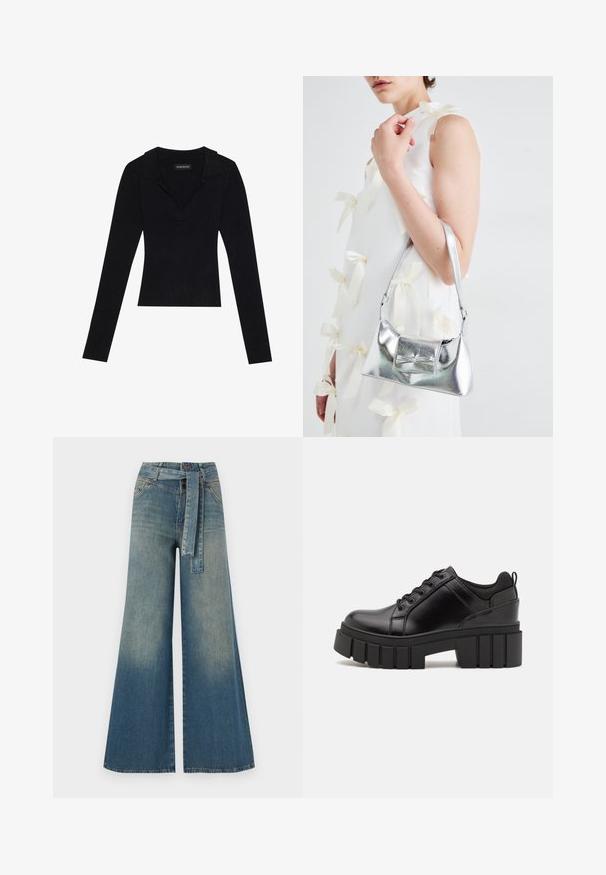 Top lung cu maneci lungi, cu dungi negre, având un guler, realizat dintr-un material elastic, cu o siluetă ajustată și o textură subtilă.; Pantaloni din denim largi, cu un gradient de la albastru deschis la albastru închis, talie înaltă, bucle pentru curea și o curea din același material. Finisaj texturat din denim.; Pantofi cu talpă plată din piele neagră, cu toc gros, vârf rotund și design tradițional cu șireturi. Prezintă o textură netedă și detalii minime.; Geantă metalică argintie cu o formă structurată, având un mâner superior și un detaliu sub formă de fundă pe față. Textură netedă, finisaj reflexiv.