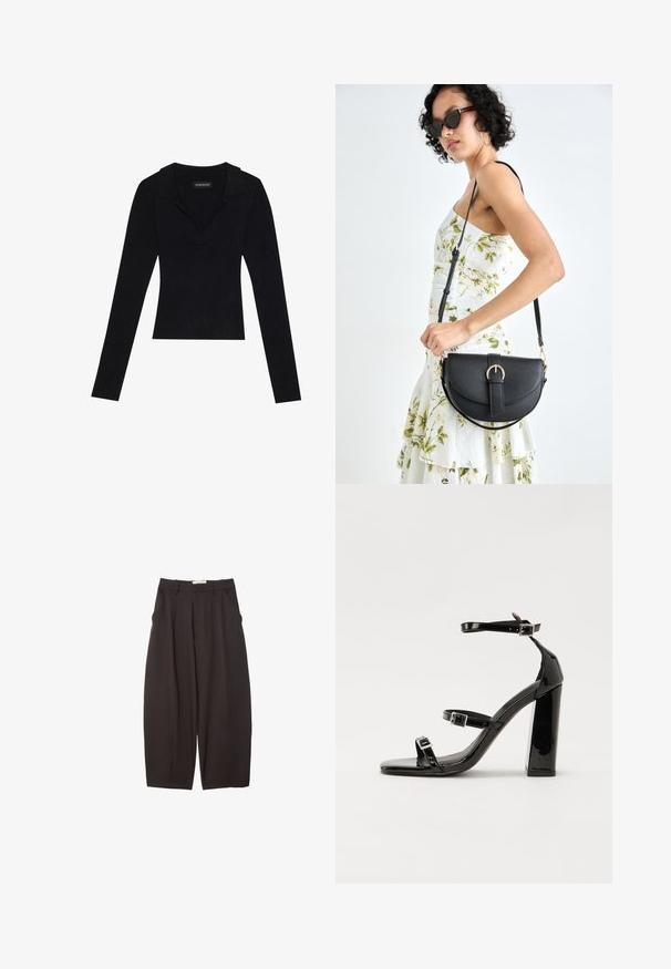Czarny prążkowany top z długim rękawem i kołnierzykiem, wykonany z elastycznego materiału, z dopasowanym krojem i subtelną teksturą.; Czarne spodnie o szerokich nogawkach wykonane z gładkiego materiału, z wysokim stanem, plisami z przodu i bocznymi kieszeniami. Prosty fason bez zdobień.; Czarne lakierowane sandały na obcasie z kwadratowym noskiem, z paskami wokół kostki i srebrnymi klamrami. Posiadają masywny słupek dla stabilności.; Czarna skórzana torebka o zakrzywionym kształcie, z odpinanym paskiem i złotymi akcentami. Torebka posiada klapę z zapięciem w kształcie klamry.
