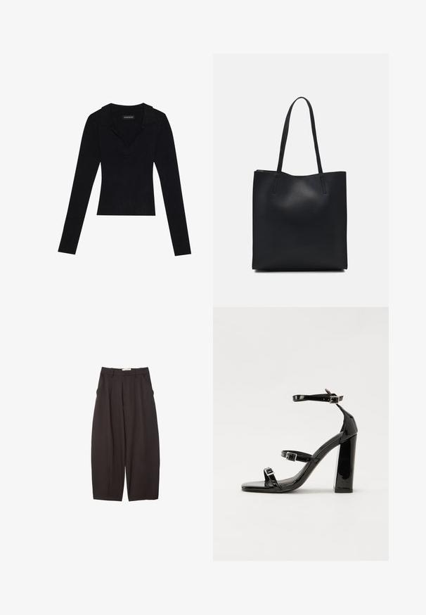 Schwarzes geripptes Langarmoberteil mit einem kragenbesetzten Ausschnitt, aus dehnbarem Stoff gefertigt, mit enganliegender Silhouette und subtiler Textur.; Schwarze weit geschnittene Hosen aus einem glatten Stoff, mit hoher Taille, Frontfalten und Seitentaschen. Schlichtes Design ohne Verzierungen.; Schwarze patentierte Sandalen mit Absatz, quadratischer Spitze, Knöchelriemen und silbernen Schnallen. Mit einem stabilen Blockabsatz für mehr Stabilität.; Schwarze Laptoptasche aus Leder mit glatter Textur, rechteckiger Form und zwei langen Griffen. Keine sichtbaren Beschläge oder Verzierungen.