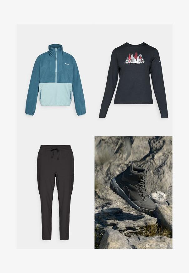 Niebieski i jasnoniebieski polarowy pulower z pół zamkiem, stójką, zamykanymi kieszeniami po bokach oraz logo Columbia na piersi.; Długie rękawy, ciemnoszara koszula z grafiką czerwonych drzew i gór; logo "COLUMBIA" w wyraźnym białym tekście. Miękka tkanina, standardowy okrągły dekolt.; Czarne dresowe spodnie z elastycznym paskiem, detalami w postaci sznurka oraz bocznymi kieszeniami. Wykonane z gładkiego, lekkiego materiału.; Ciemnoszare buty trekkingowe wykonane z materiału syntetycznego, z wyściełanym kołnierzem, metalowymi oczkami i teksturowaną gumową podeszwą zapewniającą przyczepność.