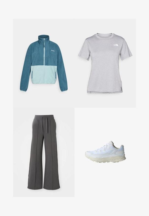 Blauer und hellblauer Fleece-Pullover mit halbem Reißverschluss, Stehkragen, seitlichen Reißverschlusstaschen und Columbia-Logo auf der Brust.; Graues T-Shirt mit kurzen Ärmeln aus weichem, feuchtigkeitsableitendem Stoff. Hat einen Rundhalsausschnitt und ein kleines weißes Logo auf der oberen linken Seite.; Dunkelgraue weit geschnittene Jogginghosen mit vorderen Nähten, elastischem Taillenbund, Kordelzügen, seitlichen Taschen und Reißverschlussenden auf einem weißen Hintergrund.; Weiße Sportschuh mit Obermaterial aus Mesh und Synthetik, strukturiertem Sohle, runder Zehenform und flachen Schnürsenkeln. Verfügt über hellgraue Akzente und Markenlogo.