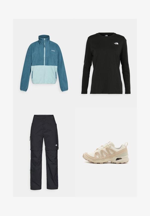 Pullover de fleece azul e azul claro com meia zip, colarinho alto, bolsos laterais com fecho e logótipo da Columbia no peito.; T-shirt preto de mangas longas, feito de algodão, com decote redondo. Apresenta um pequeno logótipo branco na área esquerda do peito. Design simples e ajuste confortável.; Calças cargo pretas em nylon com fechos de correr removíveis, punhos ajustáveis, múltiplos bolsos e um logótipo na perna direita. Textura suave e leve.; Sapatilha atlética beige e creme com parte superior em malha texturizada, sobreposições de suporte e sola de borracha com um padrão de cravo para tração.