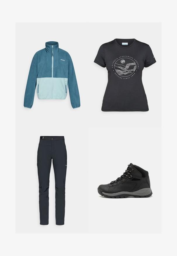 Modrý a světle modrý fleecový svetr s polovičním zipem, stojáčkovým límcem, zapínacími postranními kapsami a logem Columbia na hrudi.; Černé tričko Columbia s bílým kruhovým uměleckým ztvárněním hor a řeky a textem "Columbia Sportswear Company Outside Since 1938."; Pánské outdoorové kalhoty, tmavě šedé, vyrobené z flexibilního materiálu, s pásem, zipovými kapsami a vyztuženým švem.; Černé turistické boty s mírně vyšším střihem, které mají texturovaný svršek, šedé detaily a odolnou gumovou podrážku s trakčními výstupky.