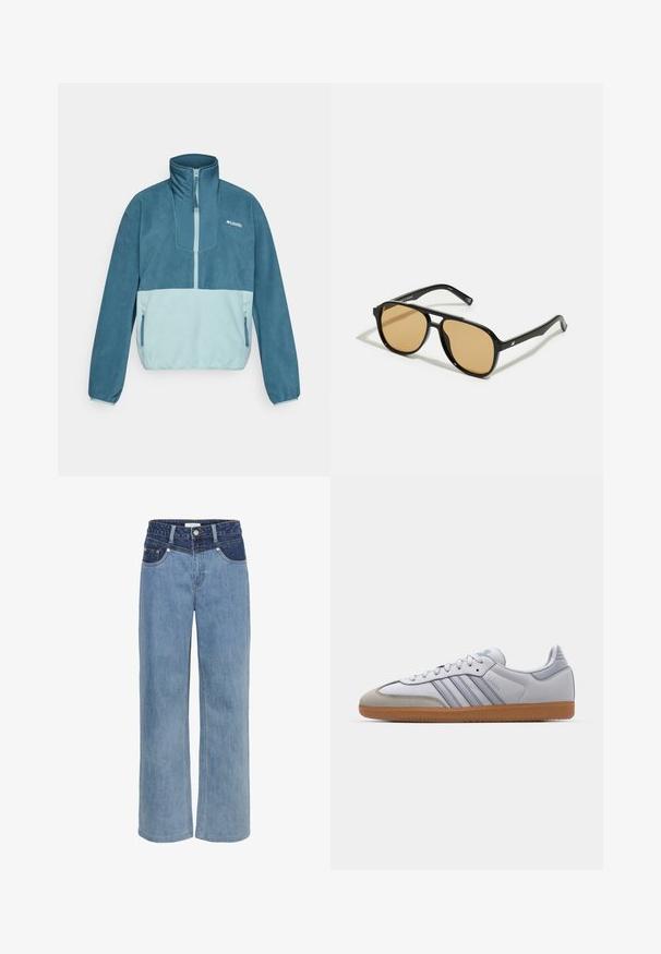 Sinine ja helesinine fliispullover poole tõmbega, seismise kraega, tõmblukuga küljetaskud ning Columbia logo rinnal.; Hele sinine denim laiad püksid, millel on kõrge vöökoht, viie tasku disain ja kontrastne tumedam sinine pe patch ees.; Valged nahast tossud helesiniste detailidega, hallist suede'ist varvas ja pruun kummitald. Omab kolme sinist triipu ja "Samba" brändimist.; Mustad pruunide läätsedega mustad prillid; ristkülikukujuline kuju paksu raamiga, sealhulgas peened metallist aksessuaarid templites.