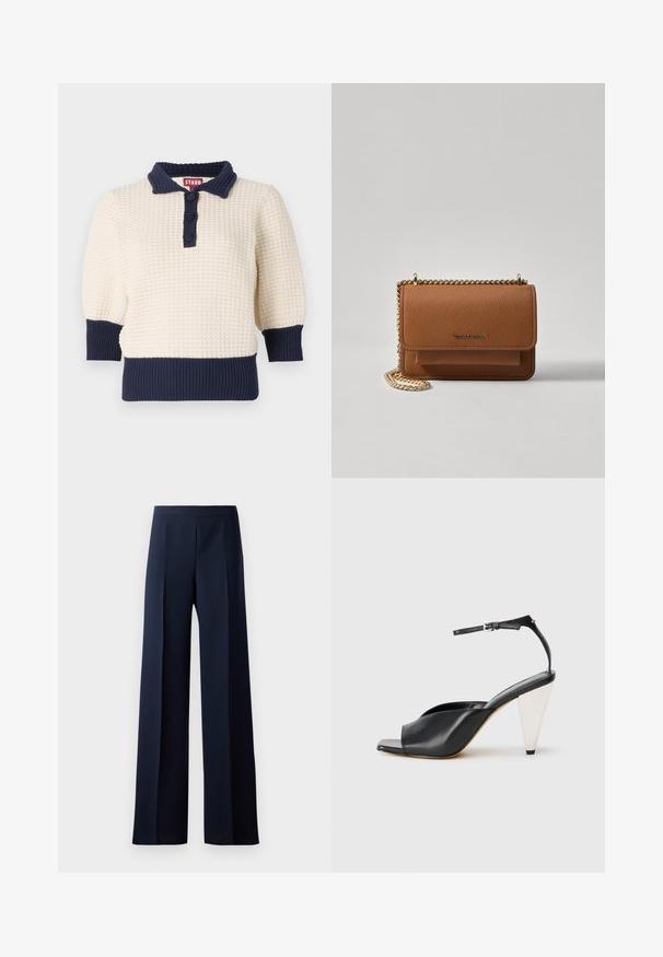 Cremfarbener Strickpullover mit marineblauen Akzenten, versehen mit einem Polokragen, drei Knöpfen und gerippten Bündchen und Saum. Strukturiert, mit kurzen Ärmeln.; Weit geschnittene Hosen aus dunkelblauem Stoff mit einer glatten Textur, subtilen frontalen Falten und einem taillierten Bund für eine schlanke Silhouette.; Schwarze Leder-Hochzehen-Sandale mit offener Zehe, asymmetrischem Design, Knöchelriemen und metallic kegelförmigem Absatz. Glatte Textur über das gesamte Produkt.; Braune strukturierte Ledertasche mit goldener Kettenriemen und Klappenverschluss. Die Vorderseite zeigt ein Logo-Detail und eine Tasche unter der Klappe.