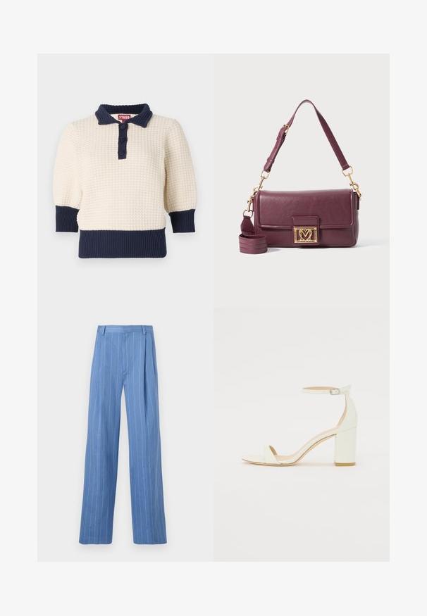 Krémový pletený svetr s námořnickými akcenty, s polo límečkem, třemi knoflíky a ribbovanými manžetami a lemem. Texturované, krátké rukávy.; Světle modré široké kalhoty s vertikálními bílými pruhy. Vyrobené z hladkého materiálu, s předním záhybem a čistým designem pasu.; Bílé kožené sandály na blokovém podpatku s ankle strapem a přezkou, minimalistický design. Otevřená špička a hladké textura po celém povrchu.; Tmavě fialová kožená taška přes rameno se zlatým srdcovým zapínáním a nastavitelným popruhem na bílem pozadí.