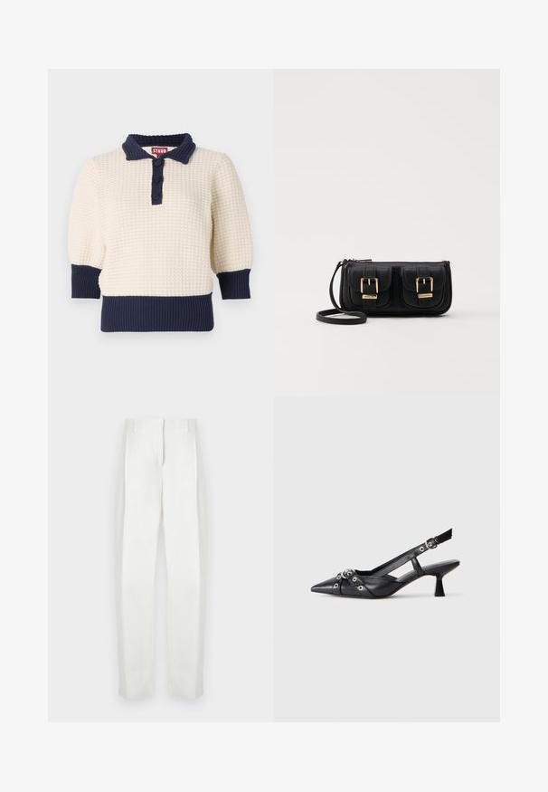 Krémový pletený svetr s námořnickými akcenty, s polo límečkem, třemi knoflíky a ribbovanými manžetami a lemem. Texturované, krátké rukávy.; Paul Smith Kalhoty - white; Černé kožené slingback boty s špičatou špičkou, dekorativními pásky s kovovými očky a nízkým blokovým podpatkem. Texturovaný povrch.; Černá kožená crossbody taška se dvěma předními kapsami, zlatými přezkami, zipovým uzávěrem a štíhlým popruhem. Texturovaný povrch a kompaktní obdélníkový tvar.